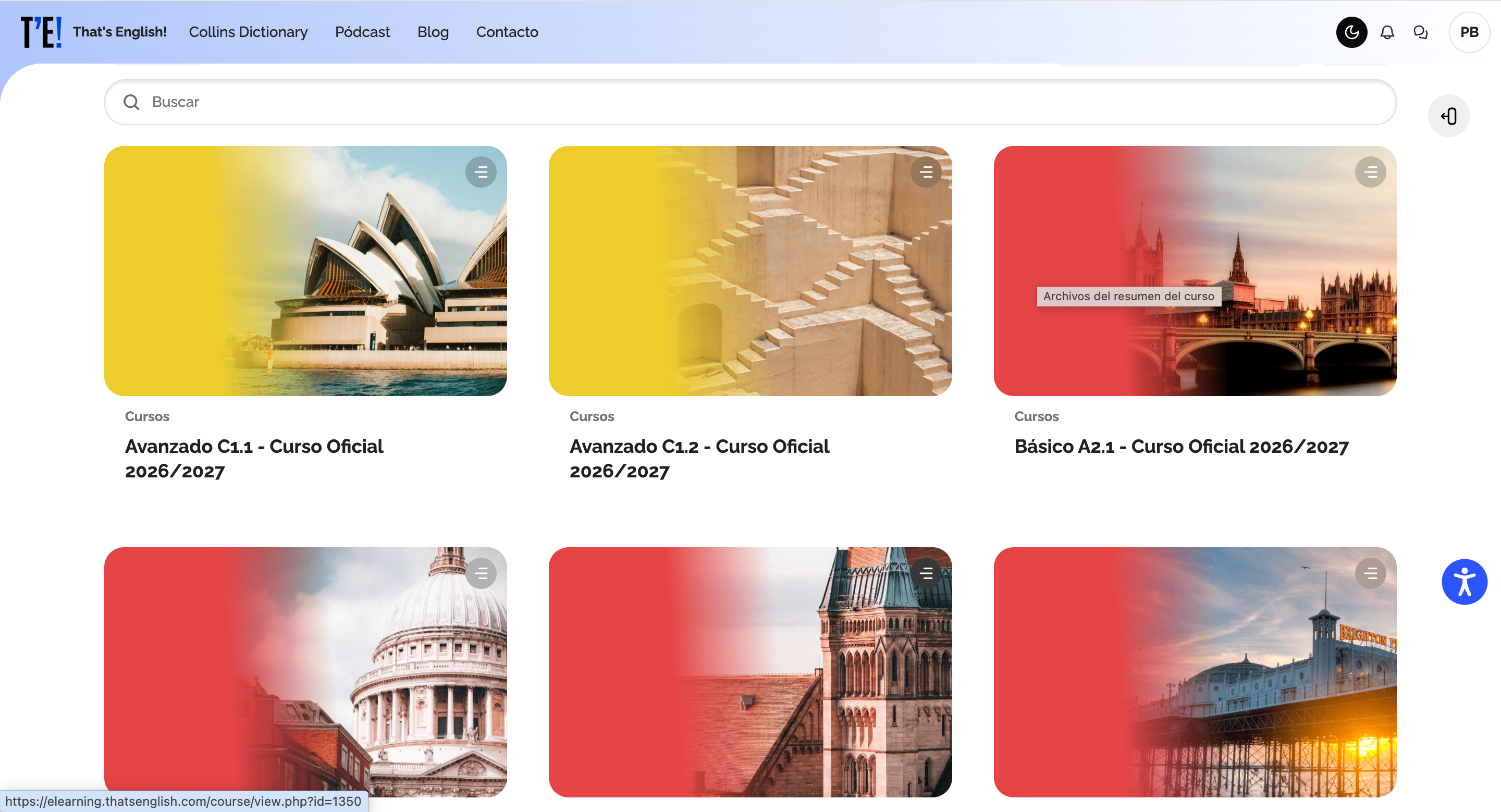 Plataforma e-learning de That's English con actividades interactivas